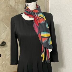 339- Sandra Darren NWOT Petite Black Pleated Dress with removable scarf size 10P